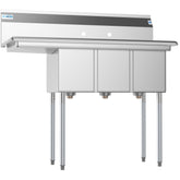 45 in. Three Compartment Stainless Steel Commercial Sink with Drainboard, Bowl Size 10"x 14"x 10" SC101410-12L3.